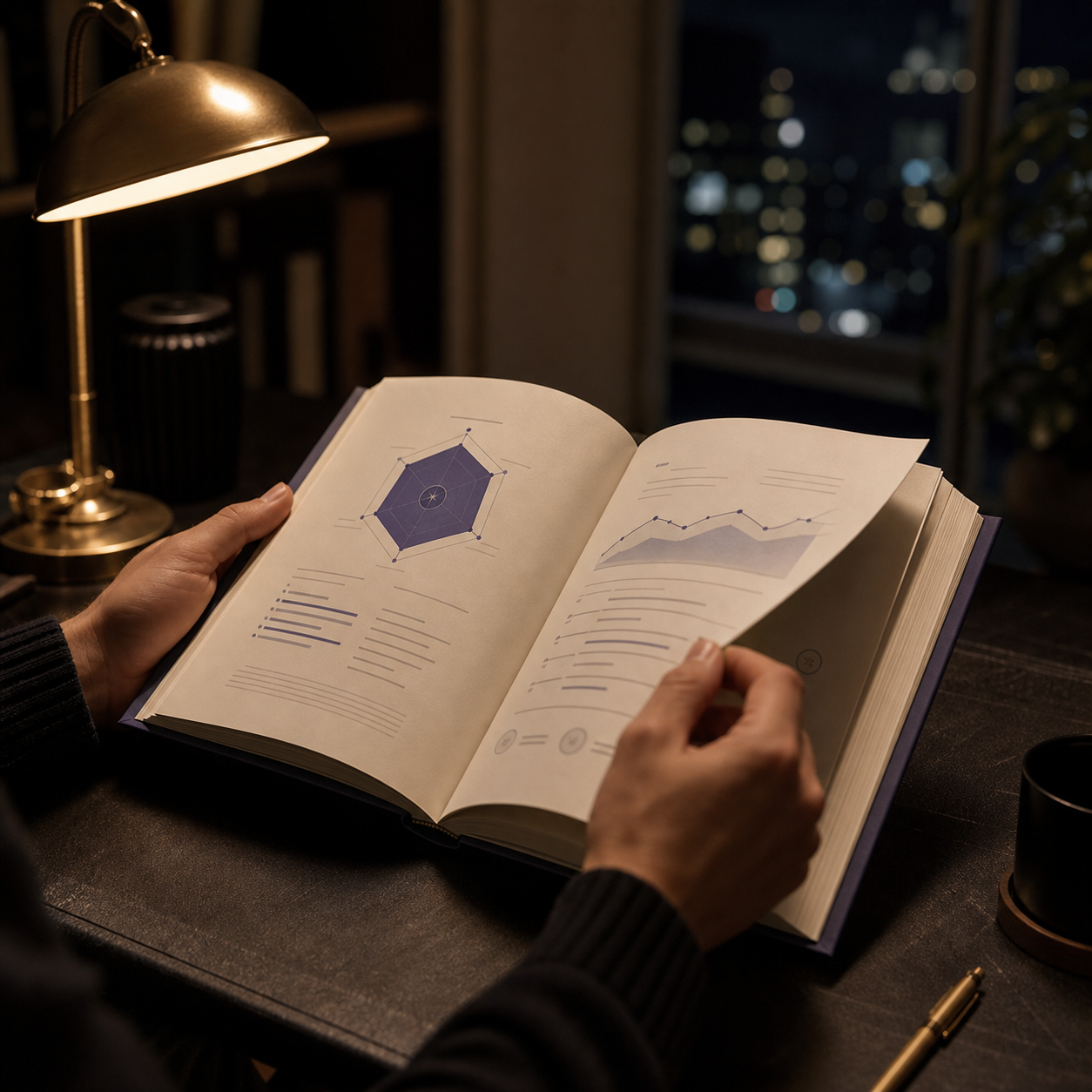 Someone reading their custom JobQuiz career book by brass lamplight at a desk, city lights out the window at night