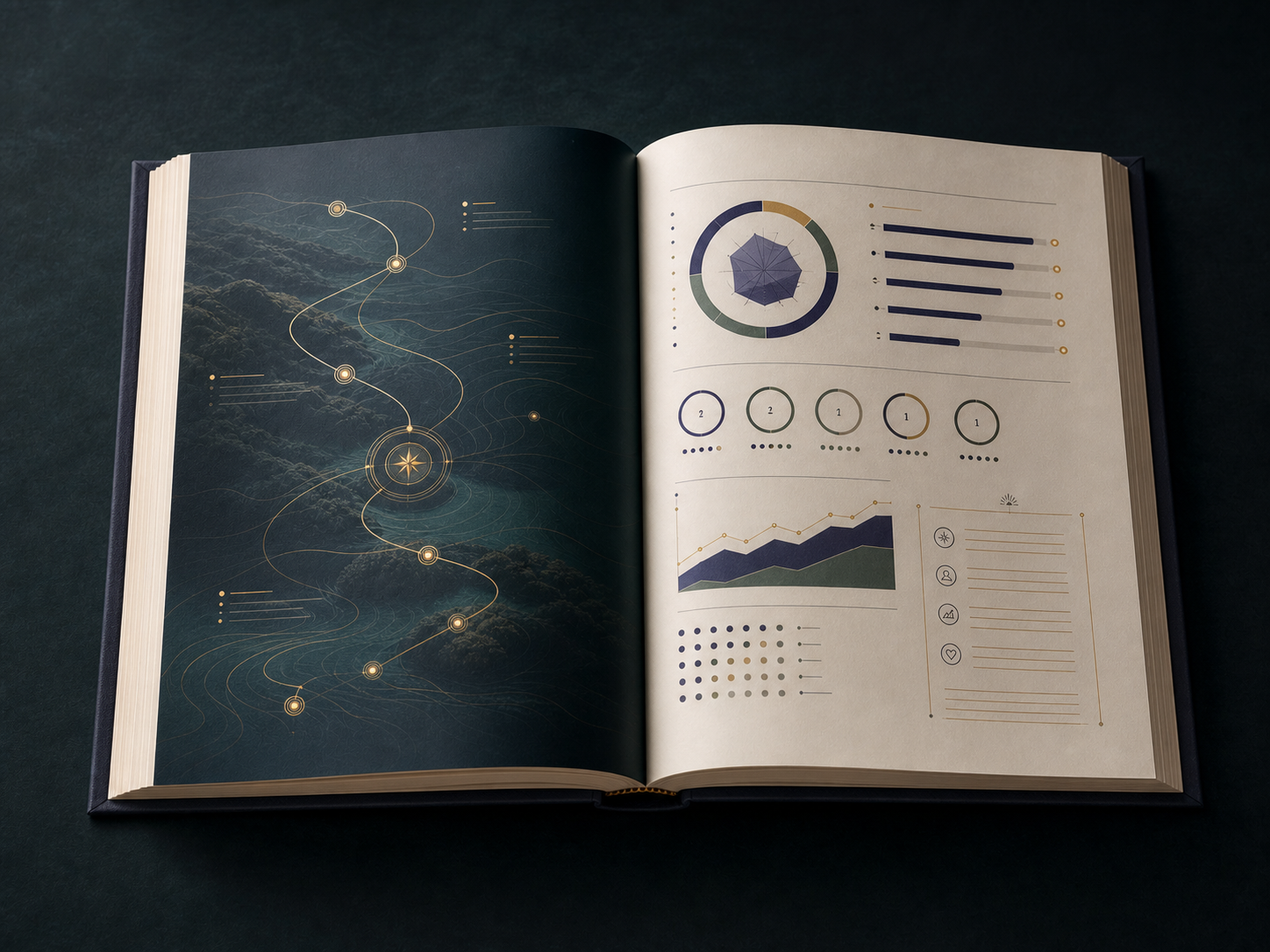 The open book: a gold journey map running down the left page, your radar chart, fit rings and trend charts printed on the right