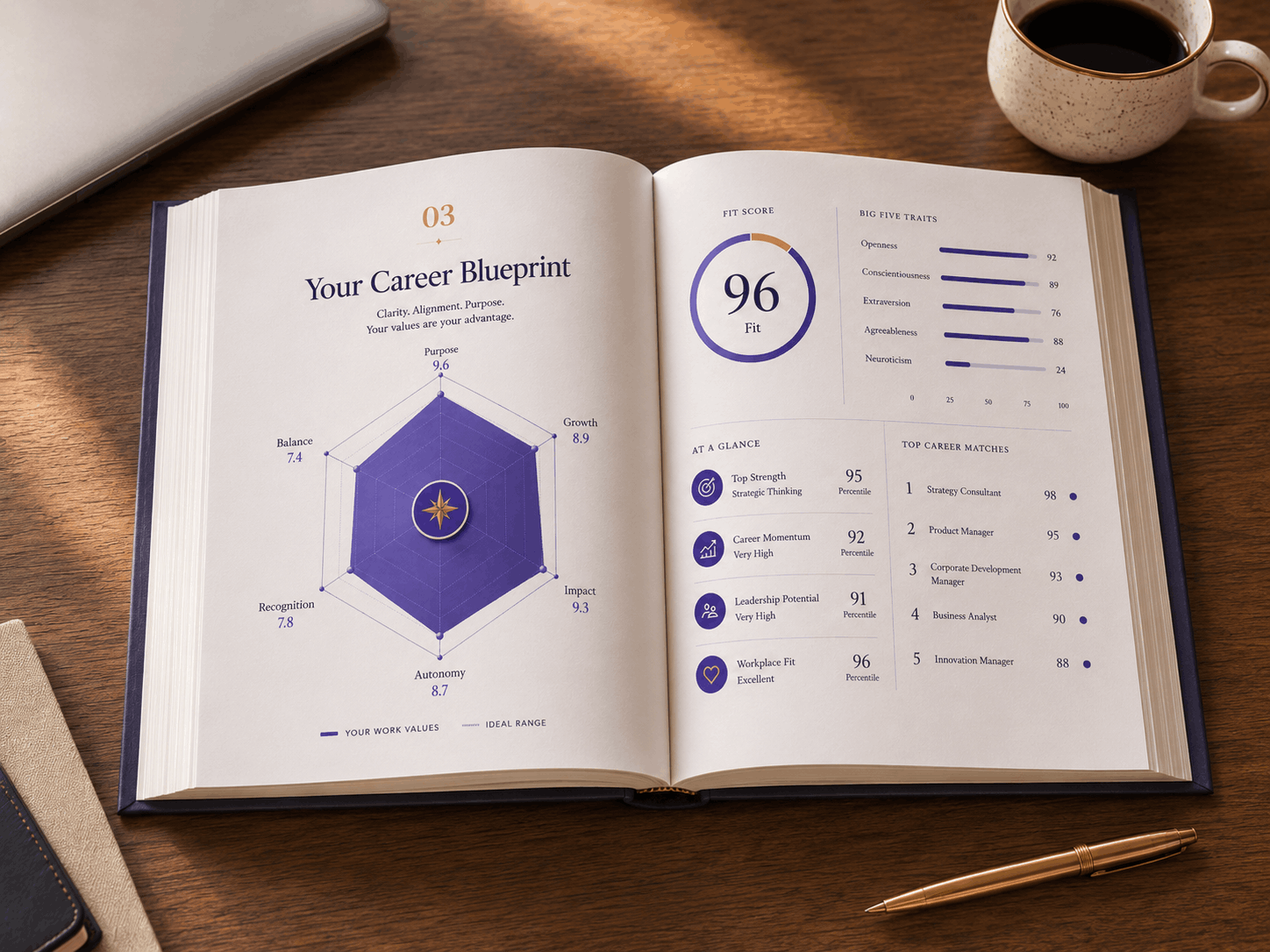 Your custom career book, open on a desk: your Career Blueprint radar, a 96 fit score, Big Five trait bars and your ranked career matches printed across the spread
